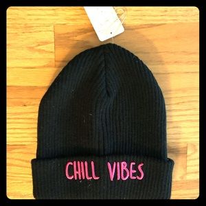 NWT “Chill Vibes” Beanie with Hot Pink text!